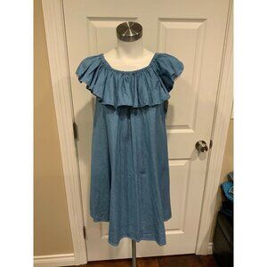AlexaChung AG Adriano Goldschmied Chambray Blue Denim Ruffle Collar Dress, Sz S